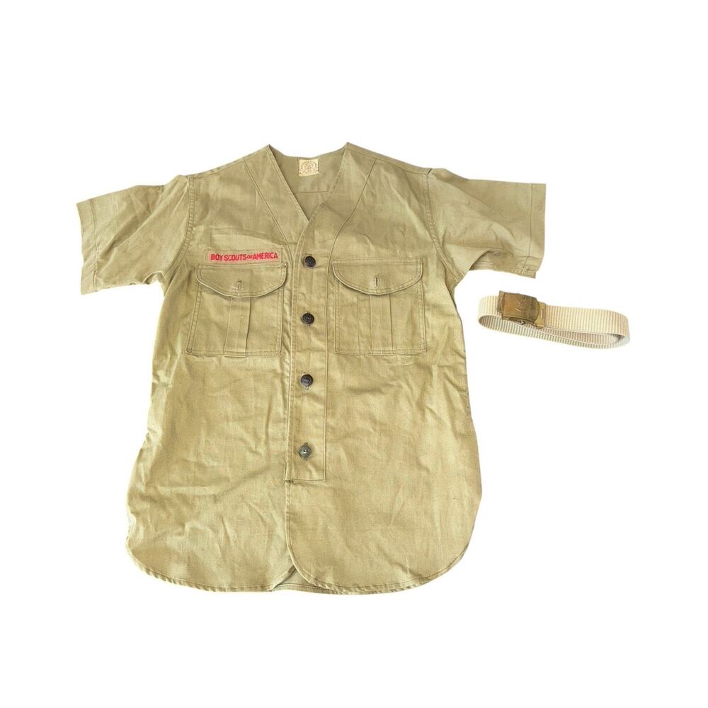 Vintage Boy Scouts BSA Official Uniform Shirt Brass Belt USA Scout Youth VTG